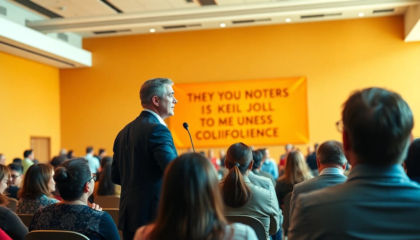 Engaging keynote speaker california business inspiring a diverse audience at a modern conference.