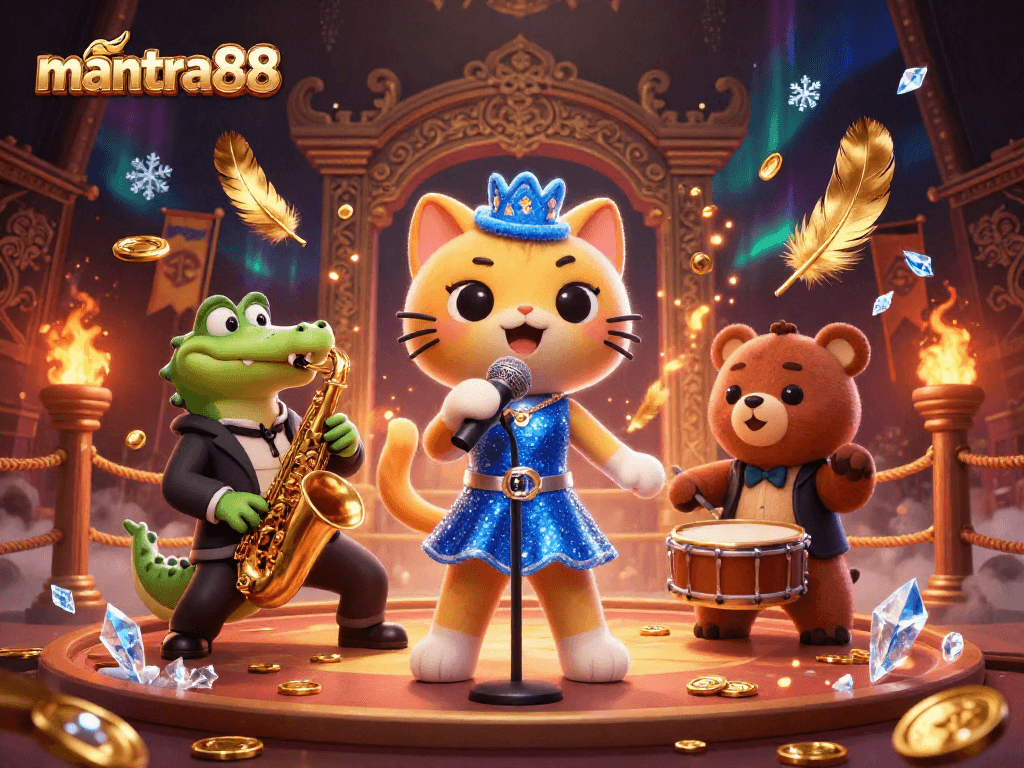Engage with mantra88's vibrant casino experience featuring lively characters and gold coins.