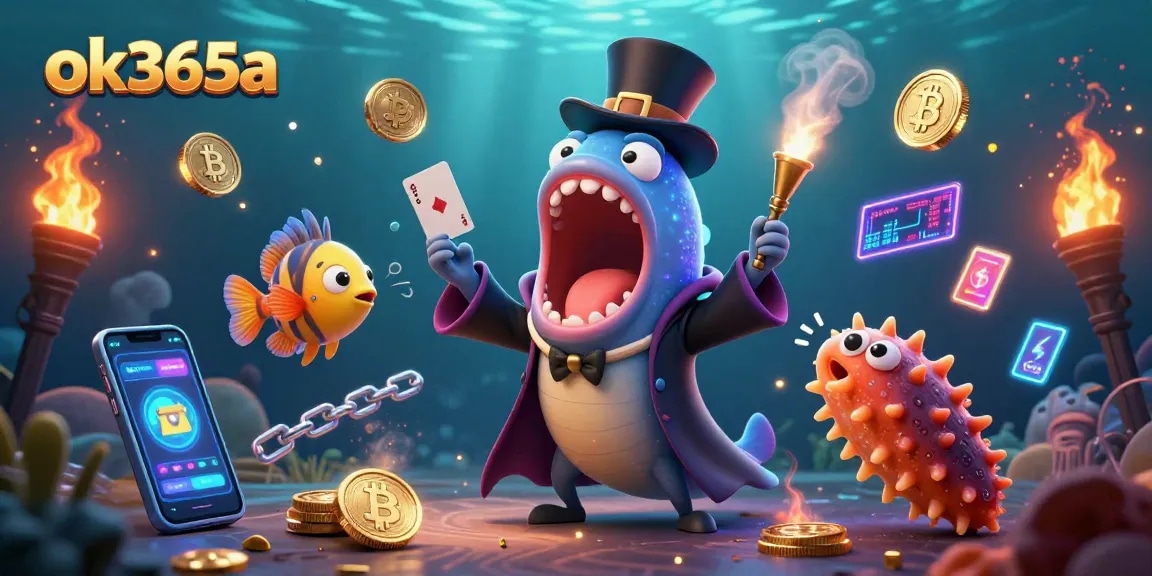 Experience thrilling card tricks with ok365a in a vibrant underwater casino scene featuring animated sea creatures.