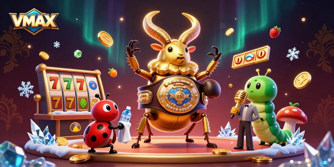 VMAX highlights a vibrant casino scene with a golden stag beetle champion amidst jackpots and fruit symbols.