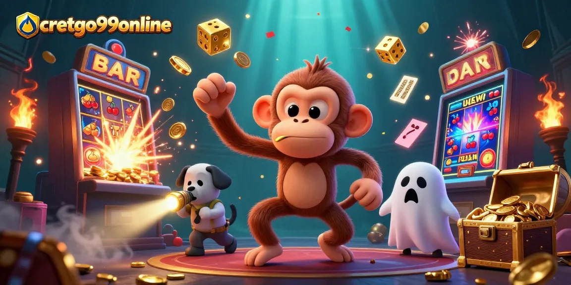 Engage in thrilling action at cretgo99online with a dynamic casino scene featuring a mischievous monkey.