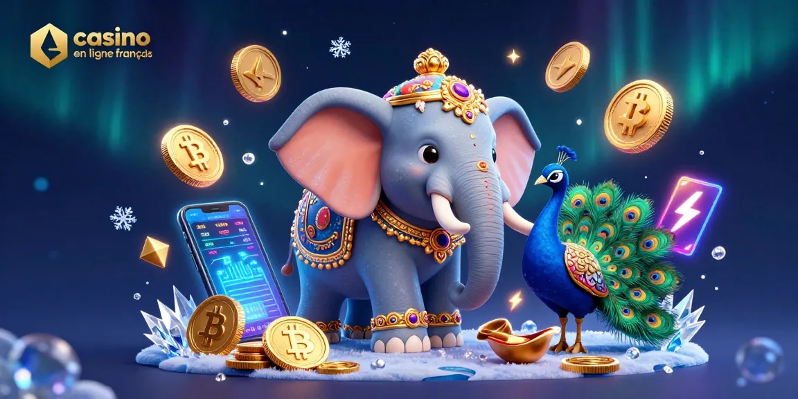 Casino en ligne français : éléphant décoré et pièces 3D illuminées pour une expérience immersive.