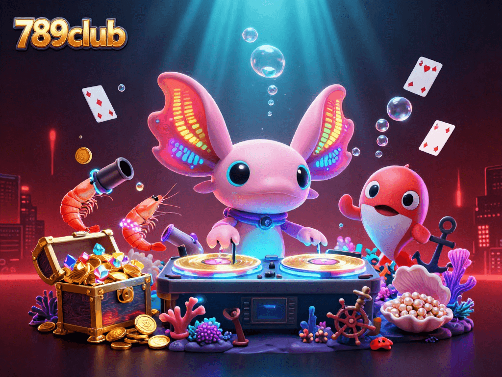 Experience the vibrant underwater world of 789club with energetic characters celebrating casino gaming.
