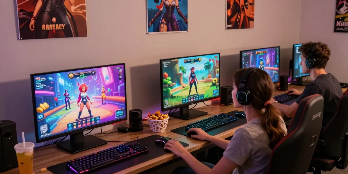 Engaged gamers playing sex games online in a vibrant environment