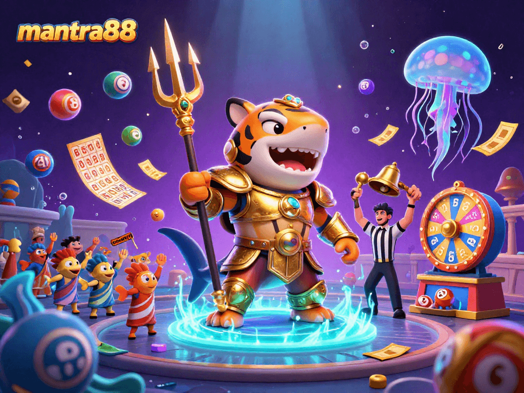 Experience the excitement of mantra88 with a ferocious tiger shark in an underwater colosseum, surrounded by lottery balls and vibrant prizes.