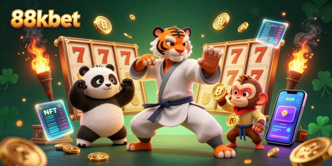 Experience excitement with 88kbet as the kung fu tiger navigates the jackpots and slots, while the panda and monkey join the fun.
