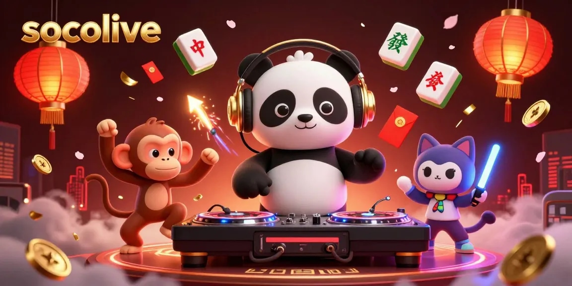 Experience the thrills of Socolive with lively characters and vibrant casino-themed elements in a dynamic 3D illustration.