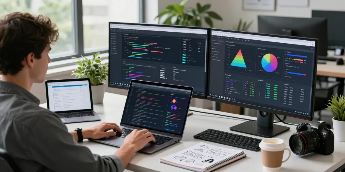 Developer analyzing NAGA2000 data insights in a dynamic tech workspace.