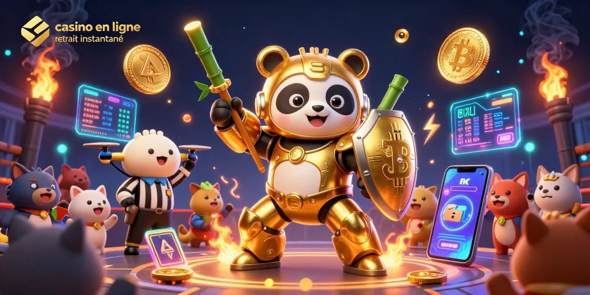 Découvrez le casino en ligne retrait instantané avec un panda doré en armure 3D entouré d'éléments de jeu.