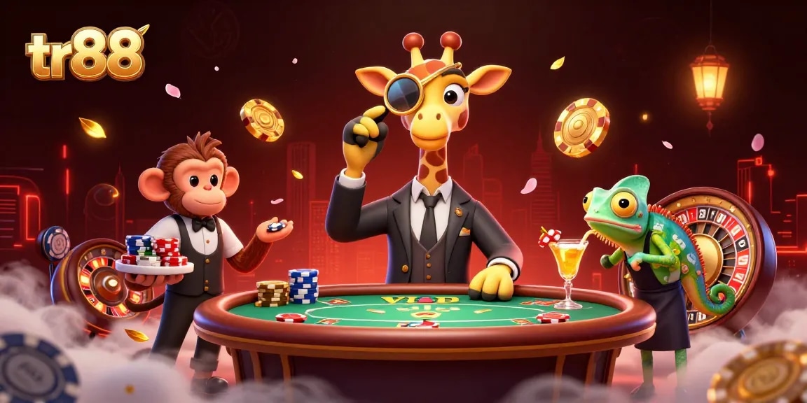 Experience thrilling gameplay at tr88 Casino with a vibrant scene featuring a high-roller giraffe and animated casino elements.