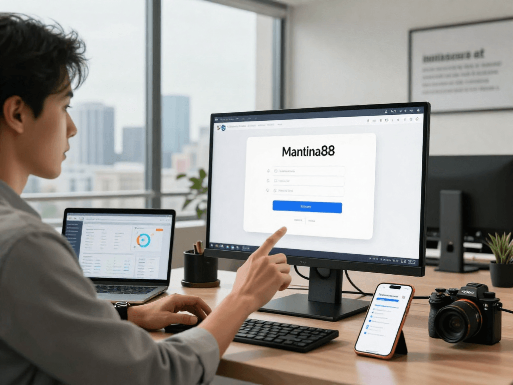 Accessing mantra88 login on a modern touchscreen in a dynamic banking office.
