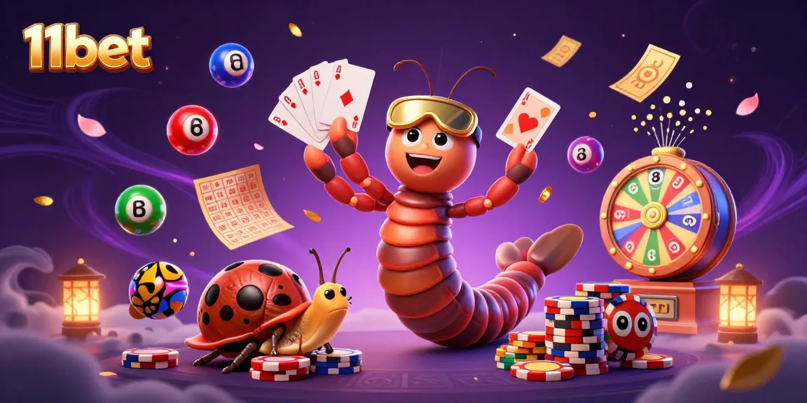 Experience the excitement of winning at 11bet with vibrant illustrations of a millipede dealer and game elements.