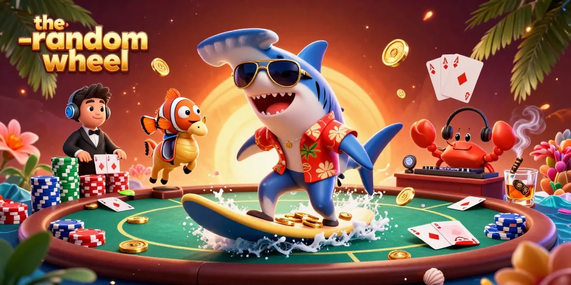 Spin the-random-wheel for stunning casino action featuring a shark surfer and vibrant poker elements.