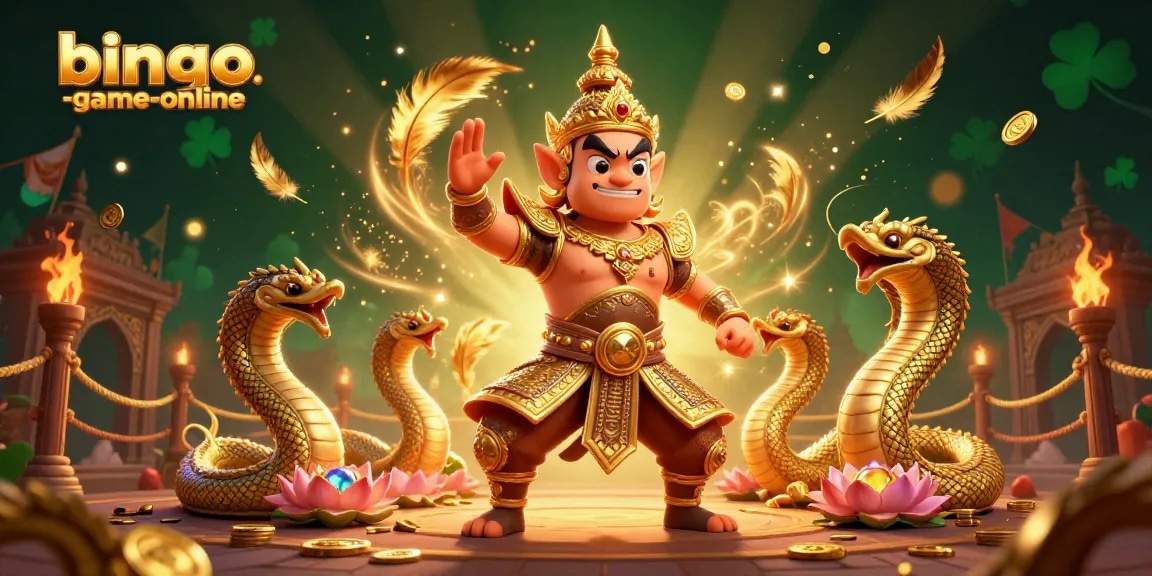 Engage in jackpot excitement with bingo-game-online's vibrant 3D illustration of Thai guardian and Naga companions.