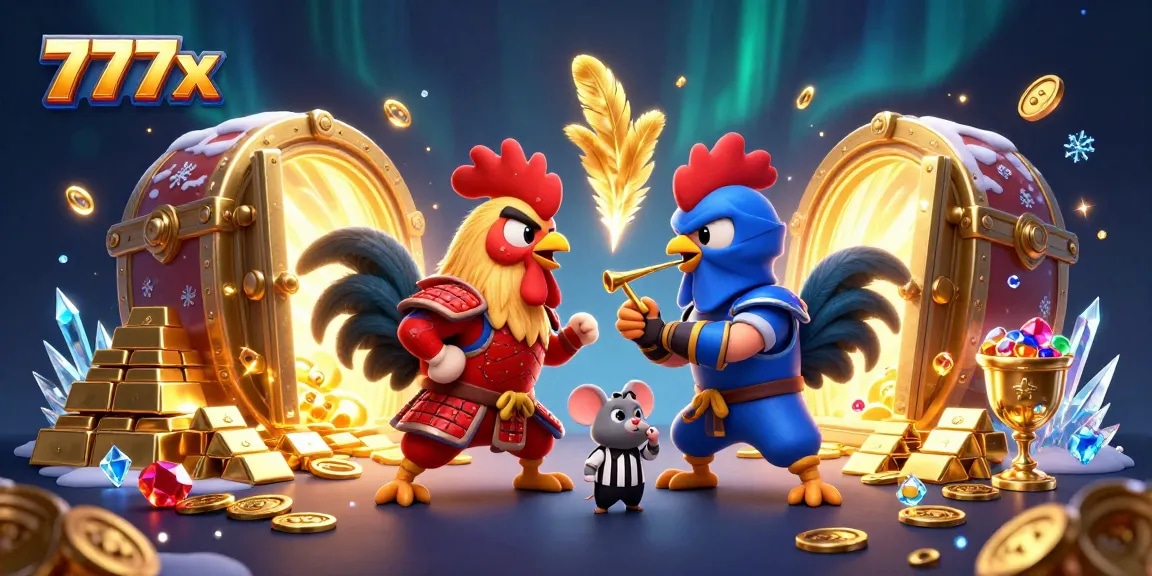 Winning in 777x with dynamic cartoon roosters and glittering treasure atmosphere