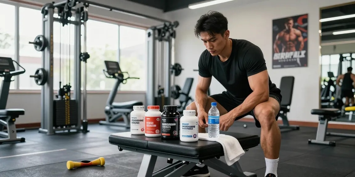 Akra Labs Steroidshop athlete preparing for workout with quality supplements in a vibrant fitness lab.