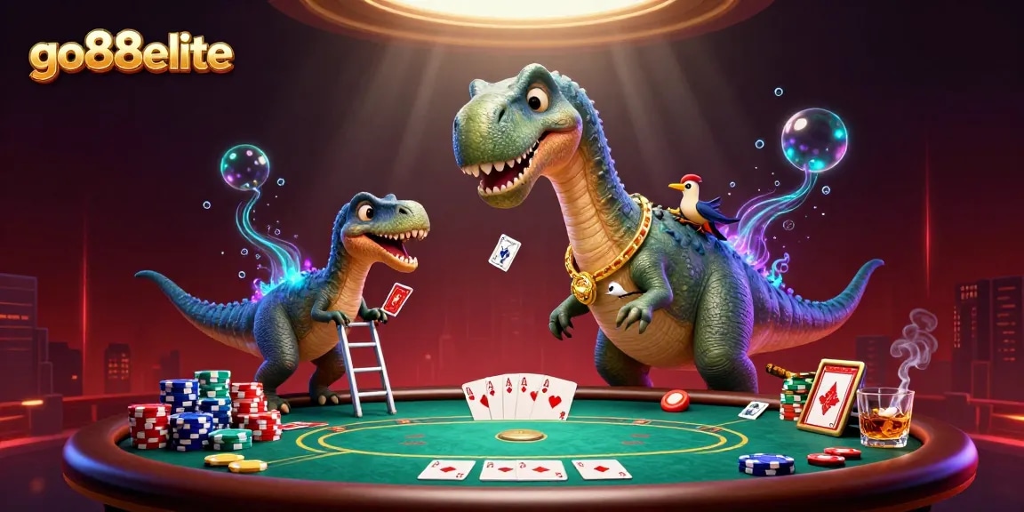 Go88elite showcases a vibrant 3D casino scene with a brontosaurus and a raptor for immersive gameplay.