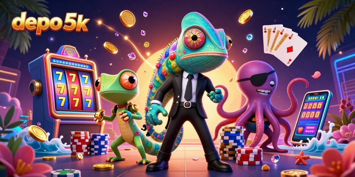 Experience the thrills of depo 5k with playful characters and exciting slot games in a vibrant digital scene.