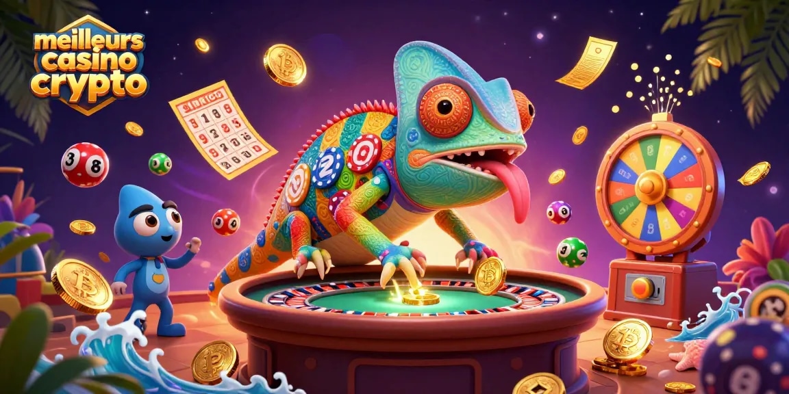 Découvrez les meilleurs casinos crypto avec des éléments dynamiques et captivants, dont une grenouille de casino colorée.