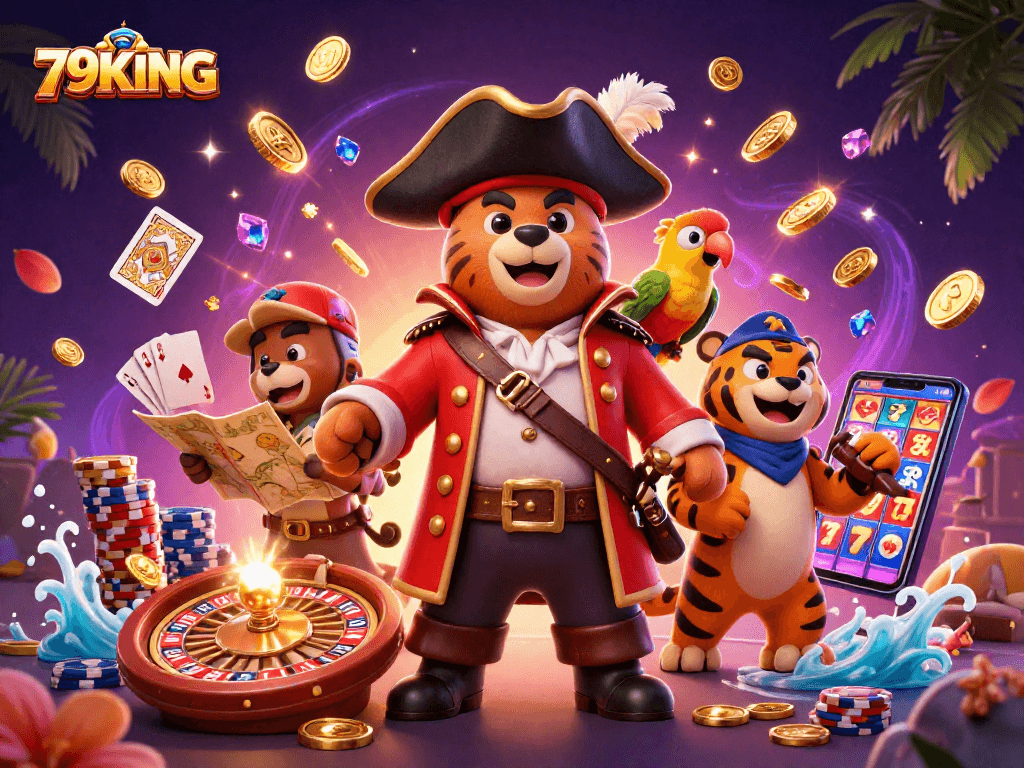 Experience thrilling gameplay with 79KING featuring a pirate captain, tiger, and gem-strewn casino scene.