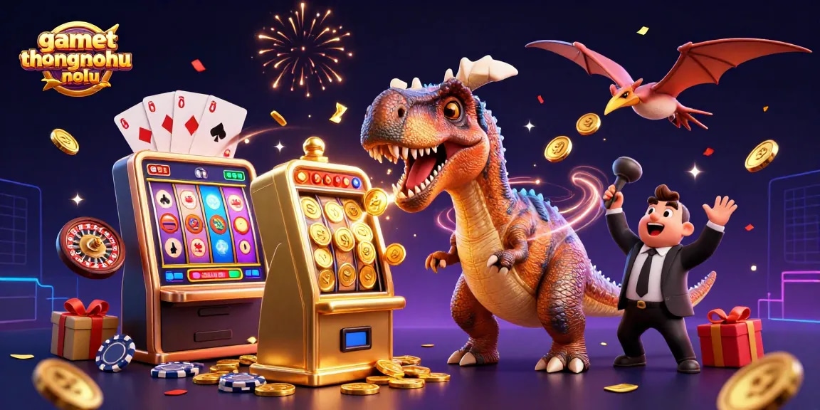 gamethuongnohu players cheer as a pachycephalosaurus hits a golden slot machine for coins in a vibrant casino scene