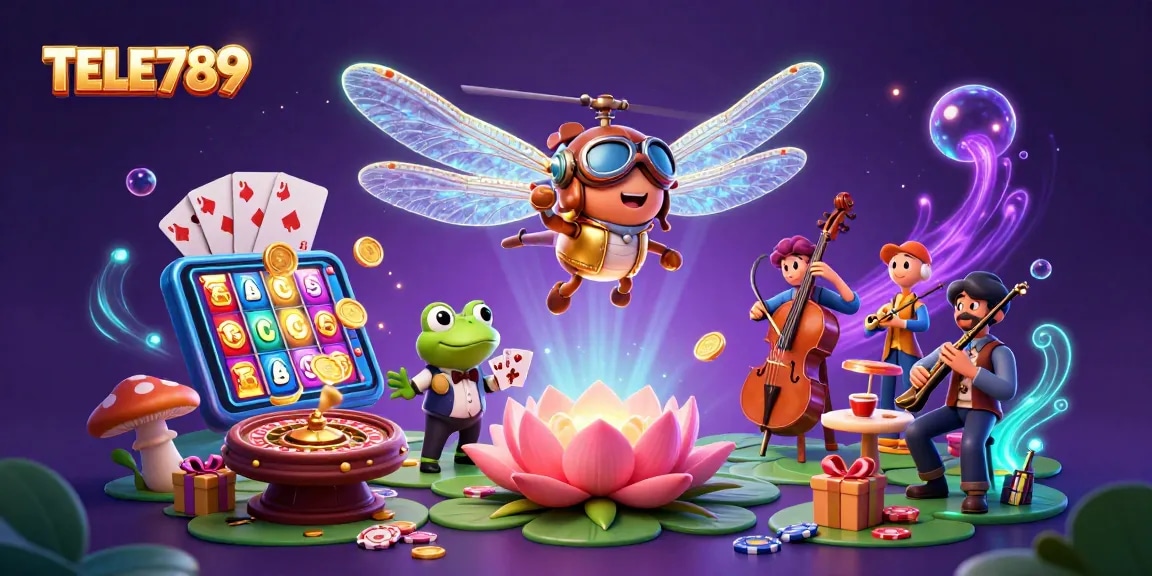 TELE789 delivers thrilling card games with a dragonfly pilot and frog croupier in a lively casino scene.