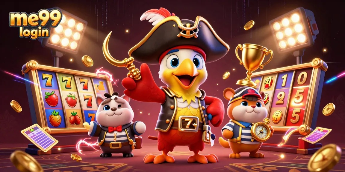 Engage with the me99 login in a vibrant 3D casino scene featuring colorful characters and dynamic game elements.