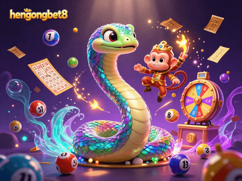 Engage with the vibrant world of hengongbet8 where the rainbow serpent and monkey king bring luck in a colorful lottery scene.