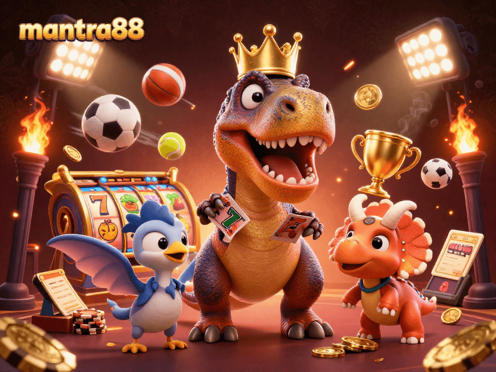 Engage with the vibrant mantra88 casino scene featuring animated characters shuffling cards.