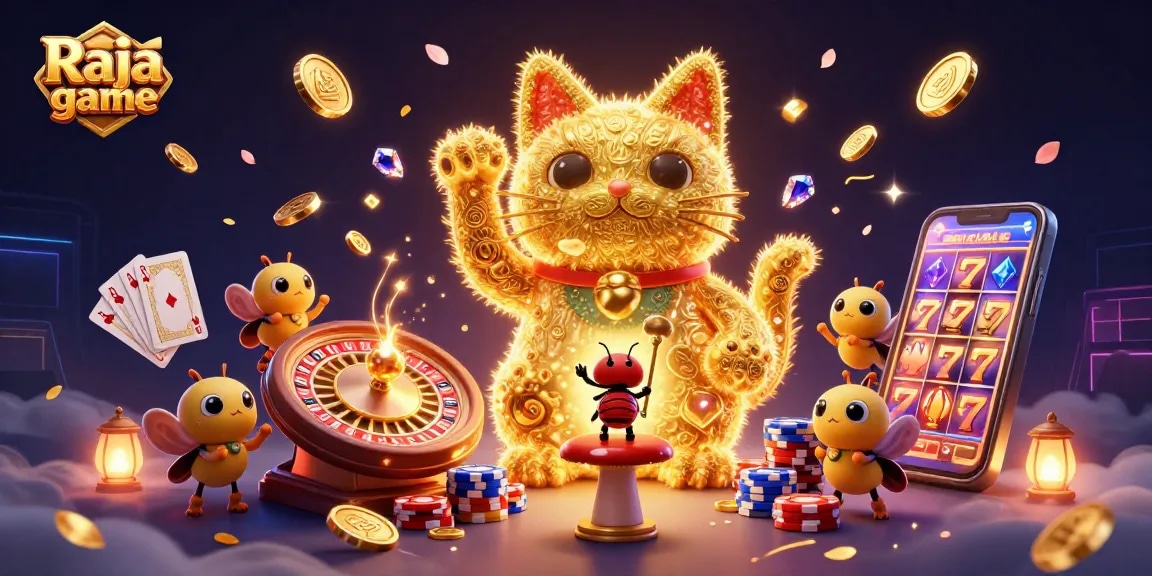 Engage with Raja game featuring a whimsical lucky cat surrounded by sparkling casino elements.