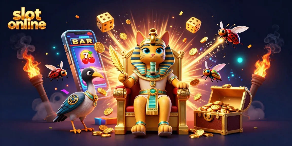Engage with slot online excitement in a vibrant 3D casino scene featuring an Egyptian pharaoh cat and jackpot elements.