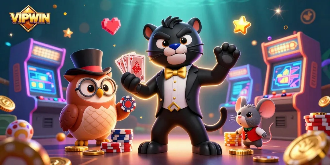 Experience thrilling card dealing by the black panther at VIPWIN casino with poker chips and ready for action.
