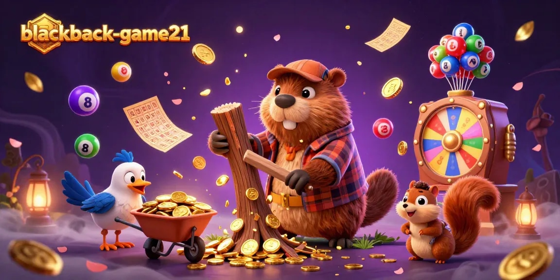 Experience the thrill of blackjack-game21 with a beaver, bird, and squirrel in a vibrant casino scene.
