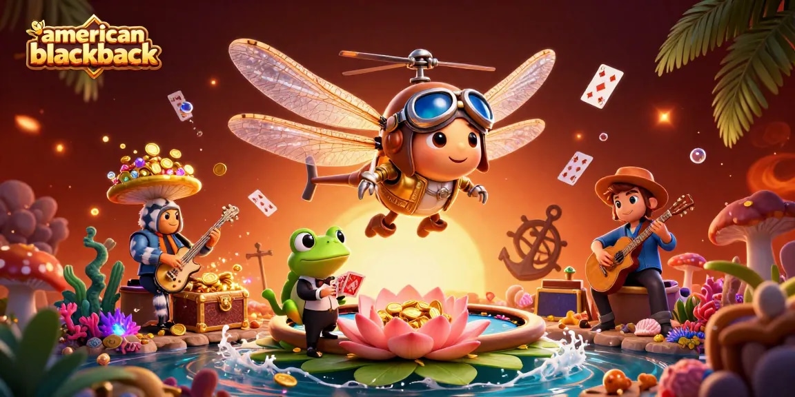 Experience excitement in american-blackjack with a vibrant casino scene featuring a dragonfly pilot and frog croupier.