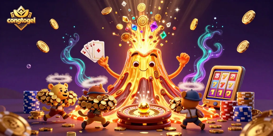 Engage in the excitement of congtogel with a vibrant 3D casino scene full of treasures and games.
