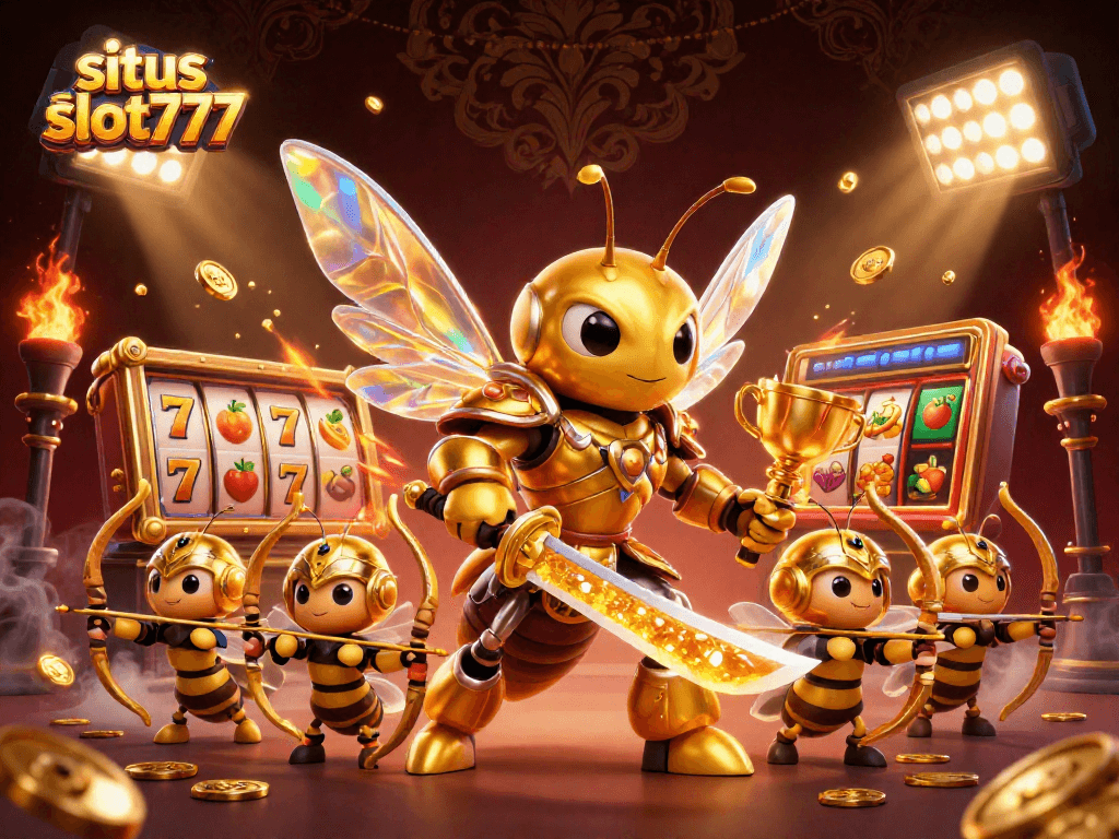 Engage with situs slot777, featuring a dynamic 3D scene with a golden hornet and slot elements.