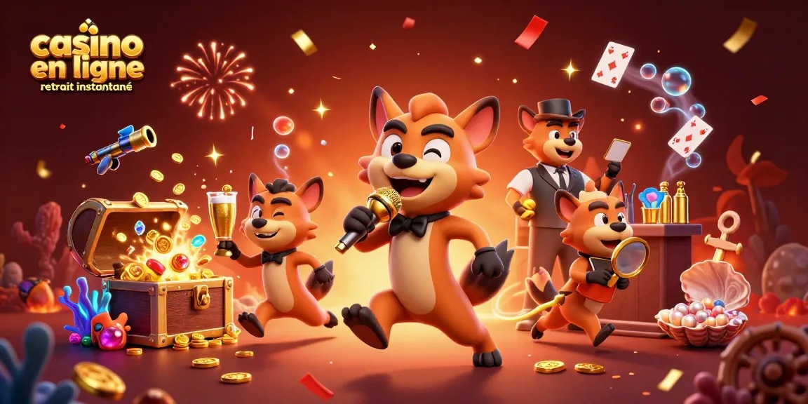 Casino en ligne retrait instantané : hyènes animées dans une illustration 3D vibrante de casino.