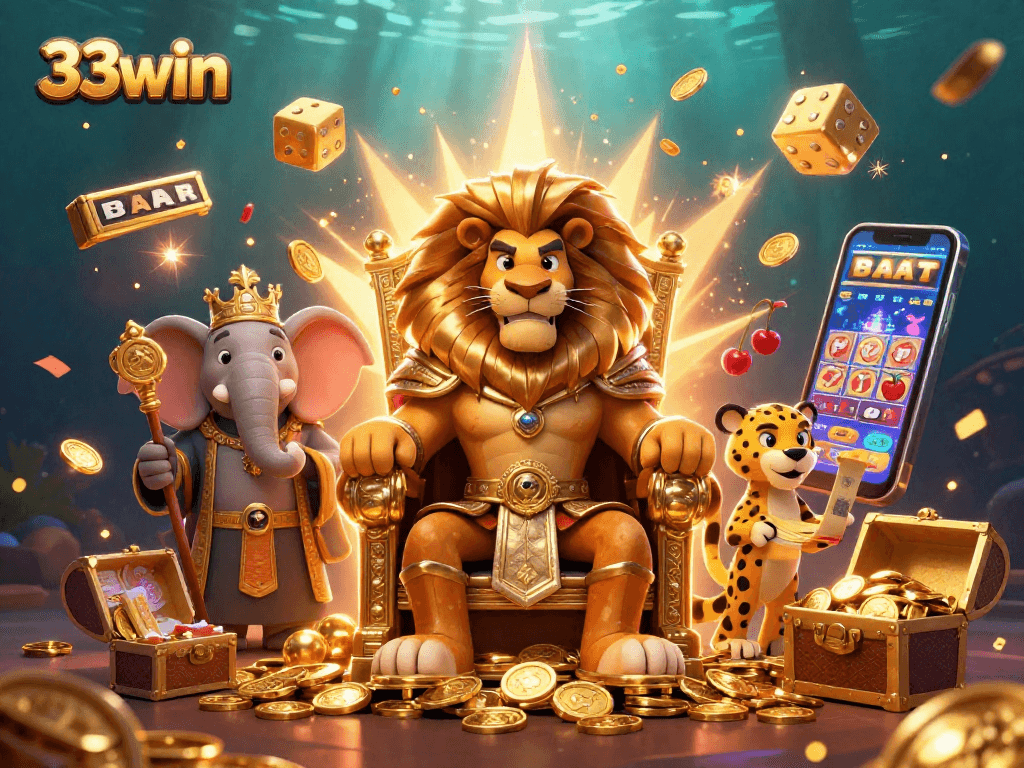 Experience gaming excitement with 33win's vibrant 3D casino illustration featuring jackpot treasures and action.
