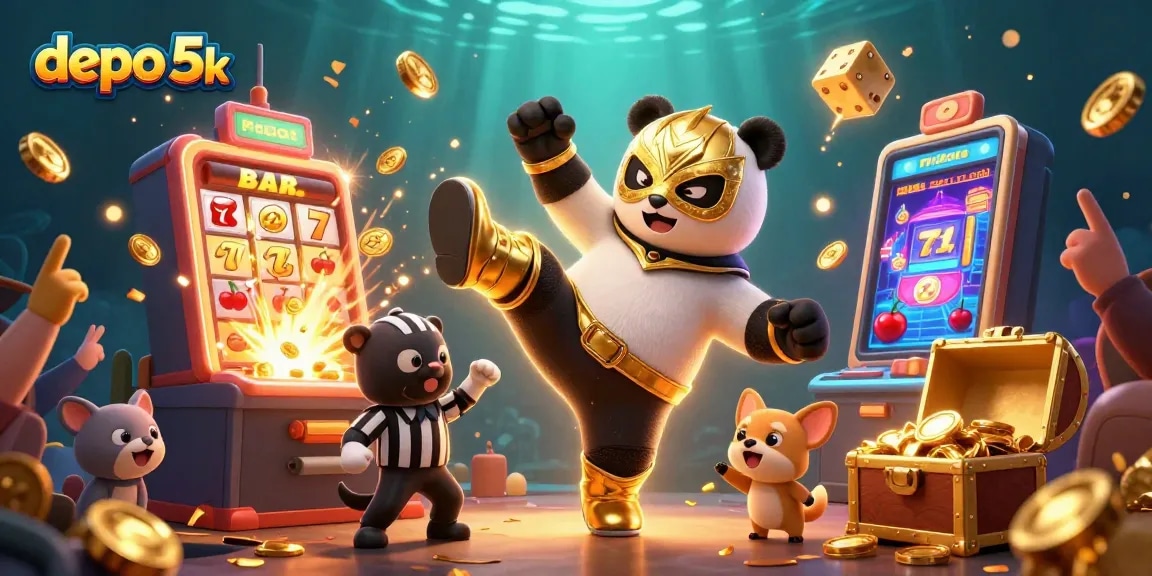 Permainan slot gacor di depo 5k menampilkan panda jagoan dan koin jackpot berceceran.