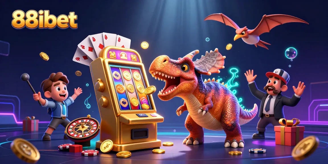 88ibet players enjoying a jackpot win with a lively 3D scene of animated dinosaurs in a casino setting.