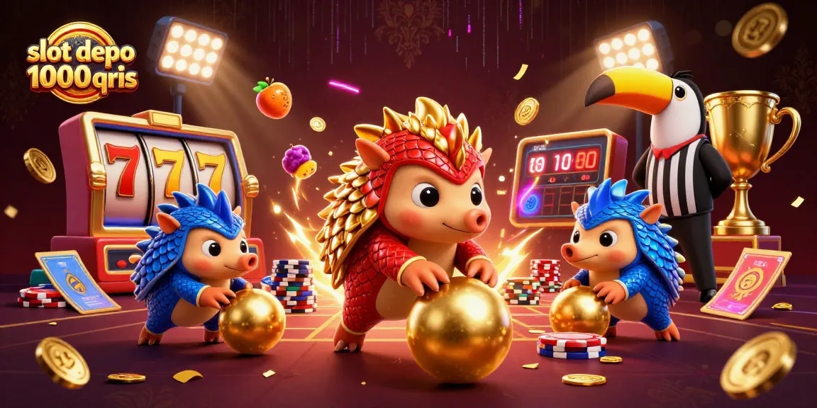 Slot depo 1000 qris menampilkan pangolin bersaing dengan simbol jackpot dan keripik poker yang dinamis.