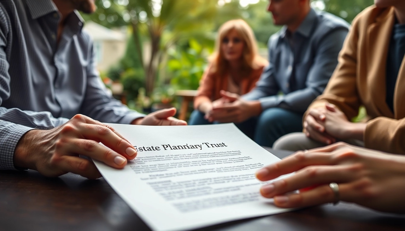 Discussing Testamentary Trusts with a family around an estate planning document in a serene garden setting.