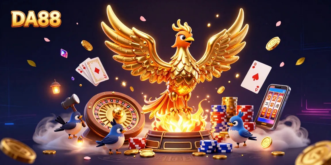 Experience thrilling gameplay at DA88 with a majestic phoenix emerging amid gold coins and casino elements.
