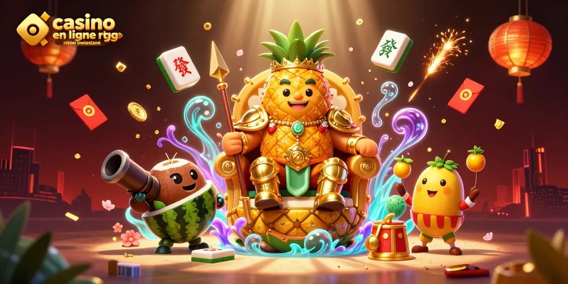 Une illustration d'un casino en ligne avec retrait instantané mettant en scène un roi ananas et des personnages dynamiques.