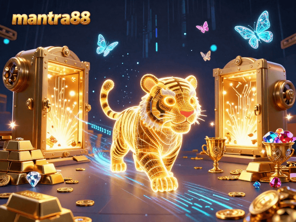 Experience mantra88 with the glowing tiger in a vibrant digital casino, revealing treasures everywhere.