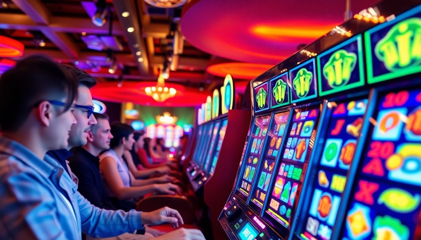 Engaging players enjoying slot gambling at vibrant casino machines.