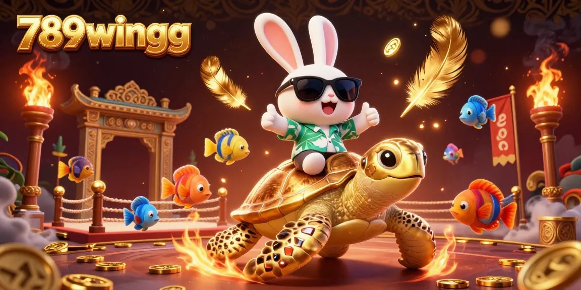 Join the fun at 789wingg with a vibrant scene of a lucky rabbit celebrating on a golden turtle amidst casino excitement!
