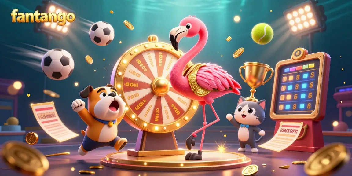 Engage with fantango's dynamic prize wheel action featuring colorful sports elements and excited contestants.