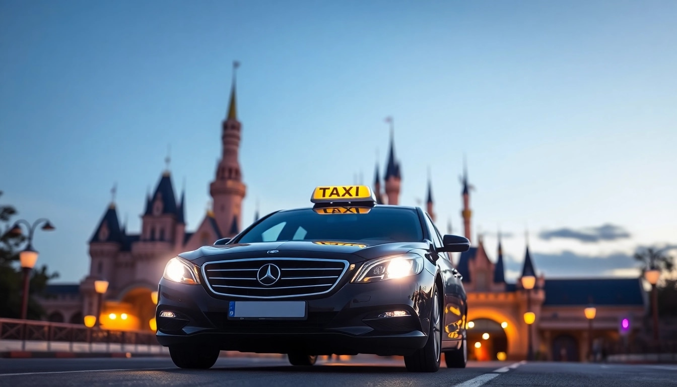 Taxi from Charles de Gaulle to Disneyland Paris navigating towards Disneyland's magical entrance.