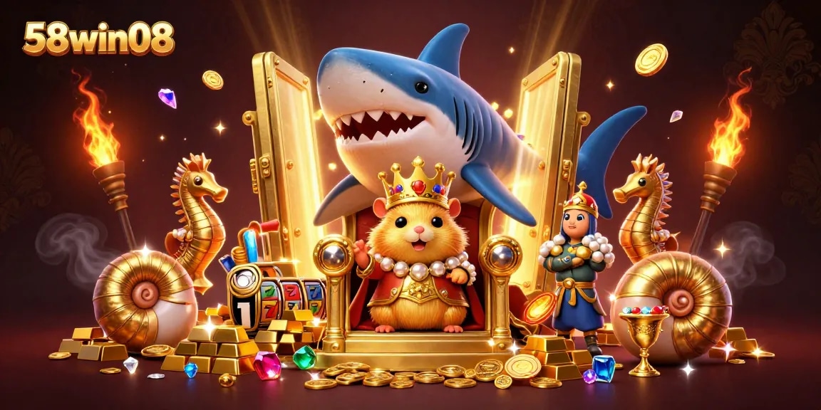 Experience thrilling slots and jackpots with 58win08's dynamic casino illustration featuring a golden hamster king.